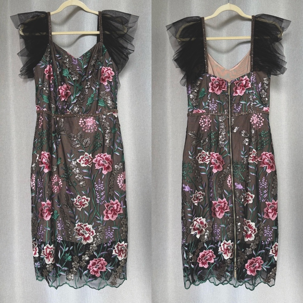 Floral Embroidered Mesh Cocktail Dress with Tulle Shoulders - Pink/Green - Picture 2 of 13